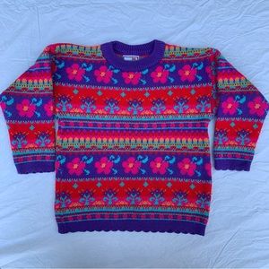 Vintage Girls Kids Plaid Moose Fair Isle Floral Sweater